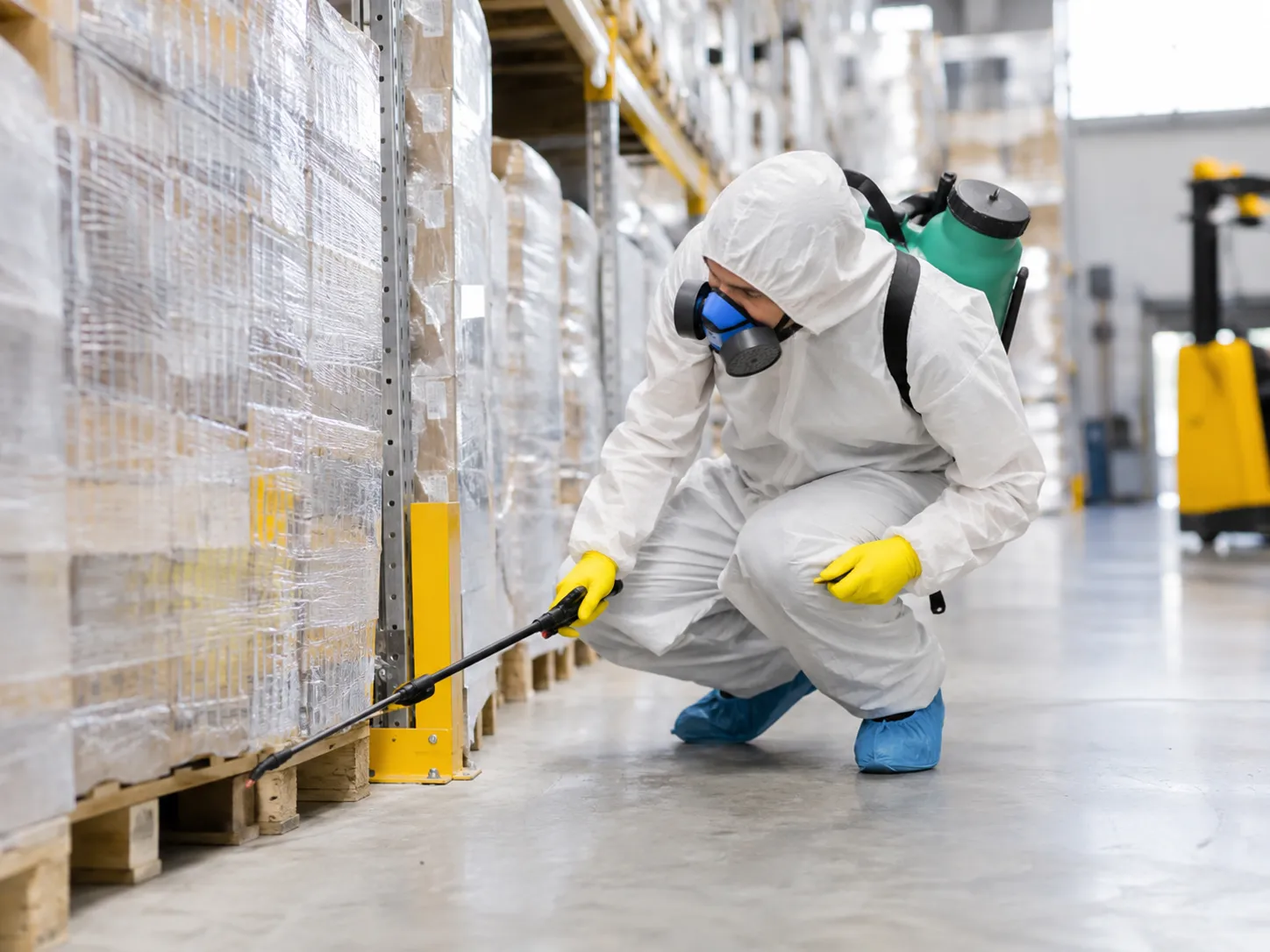 Professional pest-control treatment inside a commercial warehouse